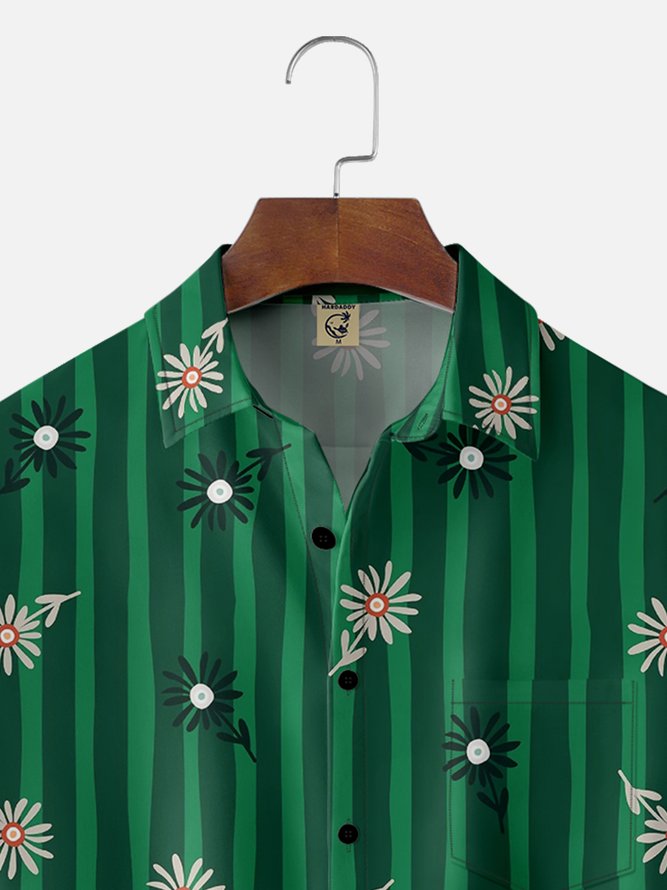Moisture Wicking Geometric Floral Chest Pocket Hawaiian Shirt