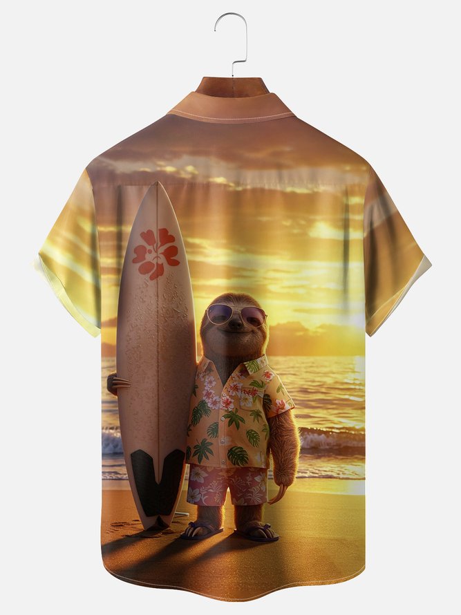 Moisture Wicking Surf Sloth Chest Pocket Hawaiian Shirt