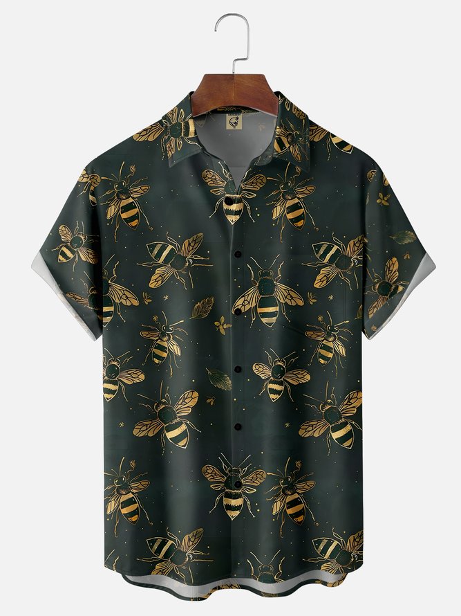 Moisture-wicking Fun Bee Print Art Chest Pocket Hawaiian Shirt