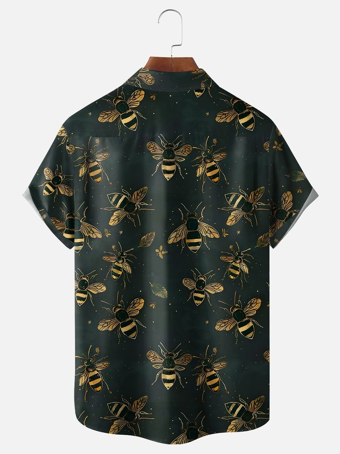 Moisture-wicking Fun Bee Print Art Chest Pocket Hawaiian Shirt