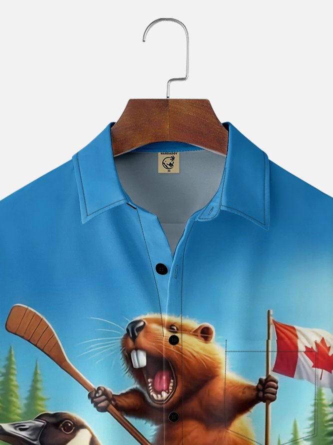 Moisture Wicking Canada Groundhog Maple Leaf Chest Pocket  Hawaiian Shirt