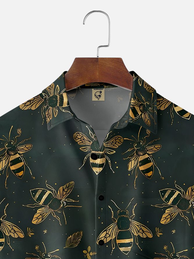 Moisture-wicking Fun Bee Print Art Chest Pocket Hawaiian Shirt