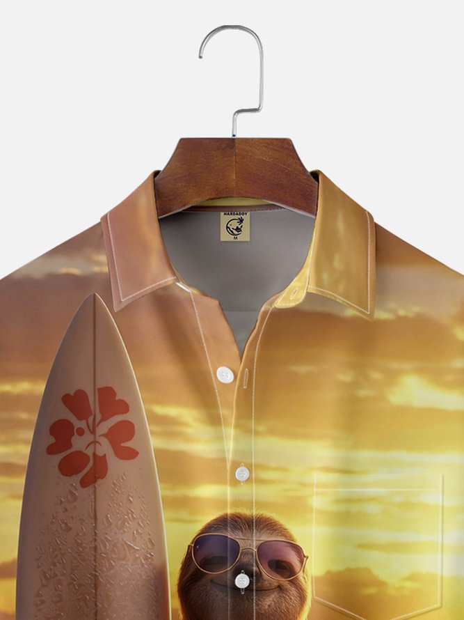 Moisture Wicking Surf Sloth Chest Pocket Hawaiian Shirt