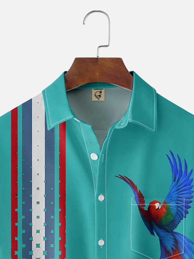 Moisture-wicking Fun Avant-garde Parrot Print Art Chest Pocket Bowling Shirt