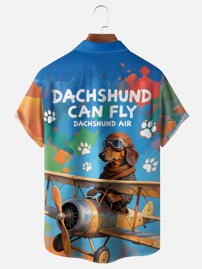 Tall Size Moisture-wicking Dachshund Flying Plane Chest Pocket Hawaiian Shirt