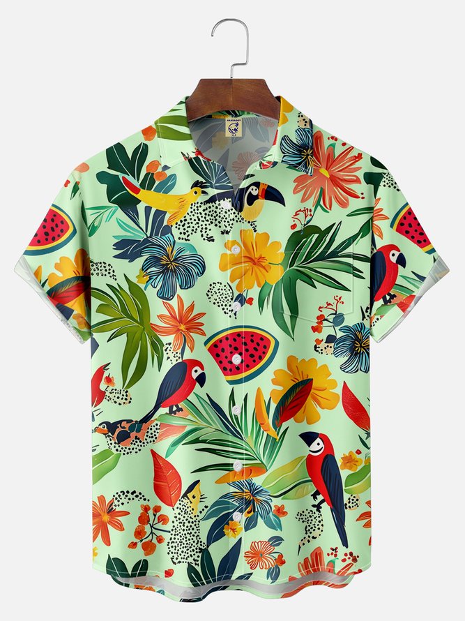 Big Size Moisture-wicking Tropical Palm Tree Parrots Chest Pocket Hawaiian Shirt