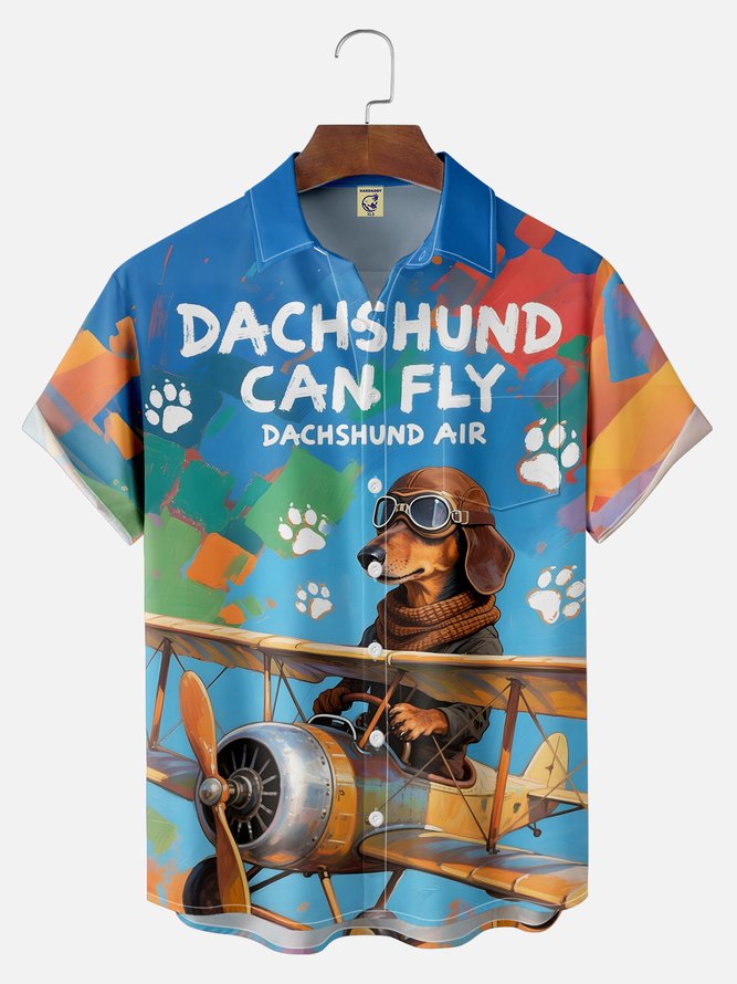 Big Size Moisture-wicking Dachshund Flying Plane Chest Pocket Hawaiian Shirt