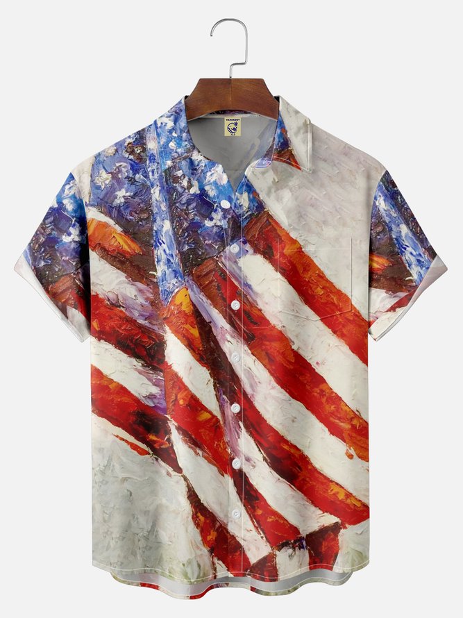 Big Size Moisture-wicking American Flag Painted Chest Pocket Hawaiian Shirt