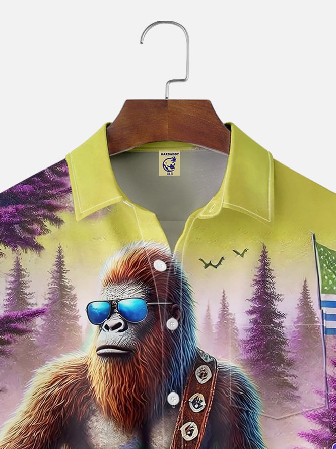 Big Size Moisture-wicking American Flag Bigfoot Guitar Rock Chest Pocket Hawaiian Shirt