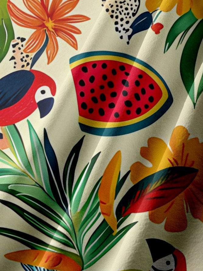Big Size Moisture-wicking Tropical Palm Tree Parrots Chest Pocket Hawaiian Shirt
