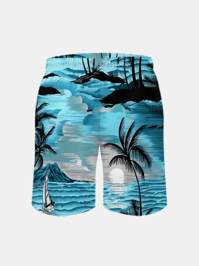 Men's Swim Trunks Hawaiian Tropical Palm Tree Beach Shorts with Pockets