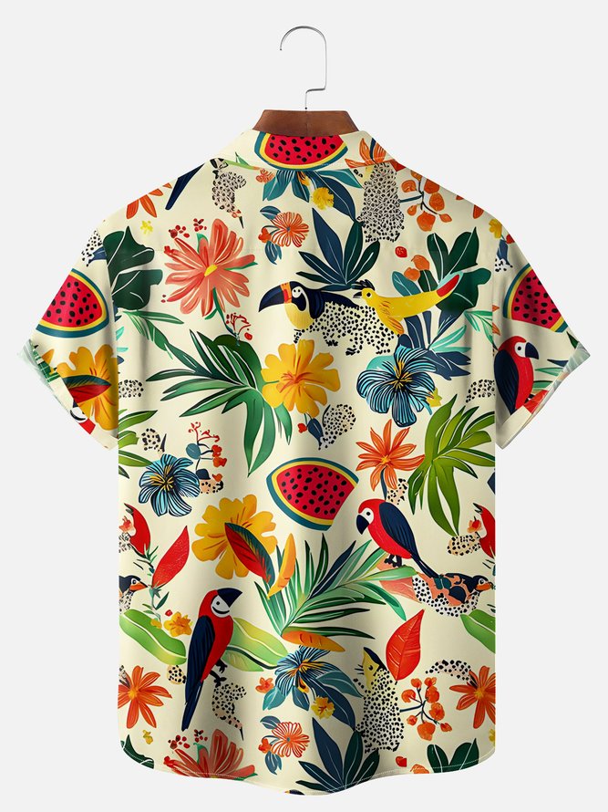 Big Size Moisture-wicking Tropical Palm Tree Parrots Chest Pocket Hawaiian Shirt