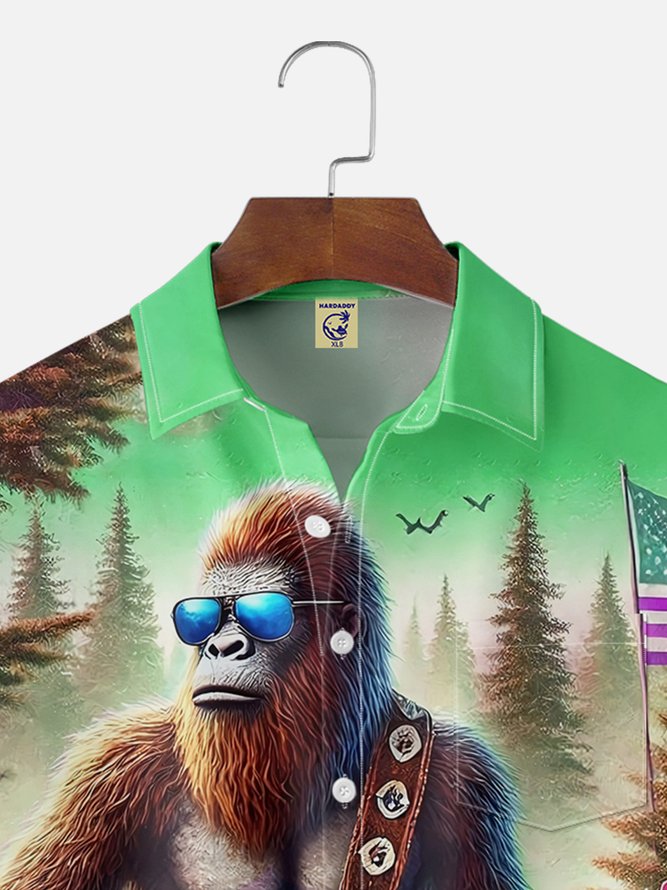 Big Size Moisture-wicking American Flag Bigfoot Guitar Rock Chest Pocket Hawaiian Shirt
