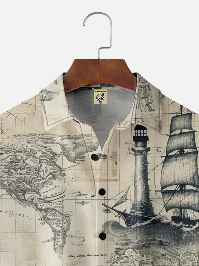Big Size Moisture-wicking Ocean Map Sailboat Lighthouse Chest Pocket Casual Shirt