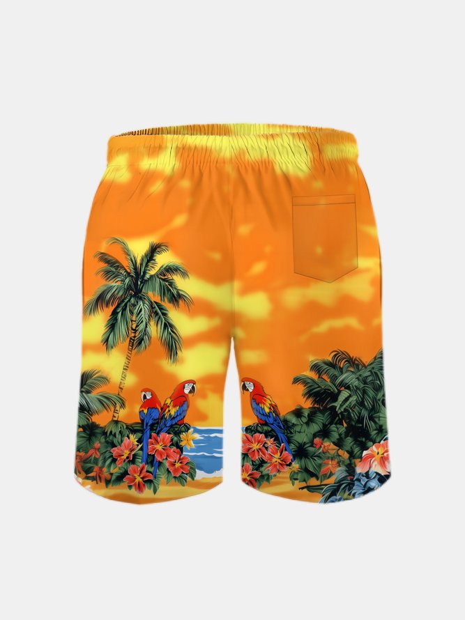 Men's Swim Trunks Hawaiian Tropical Palm Tree Parrots Beach Shorts with Pockets