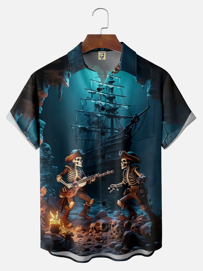 Big Size Moisture-wicking Pirate Music Guitar Chest Pocket Casual Shirt