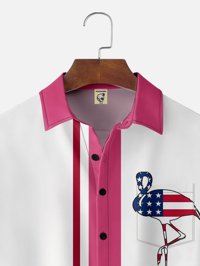 Big Size Moisture-wicking Flamingo Chest Pocket Bowling Shirt
