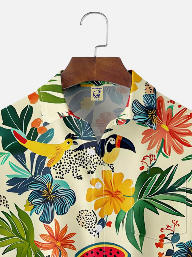 Big Size Moisture-wicking Tropical Palm Tree Parrots Chest Pocket Hawaiian Shirt