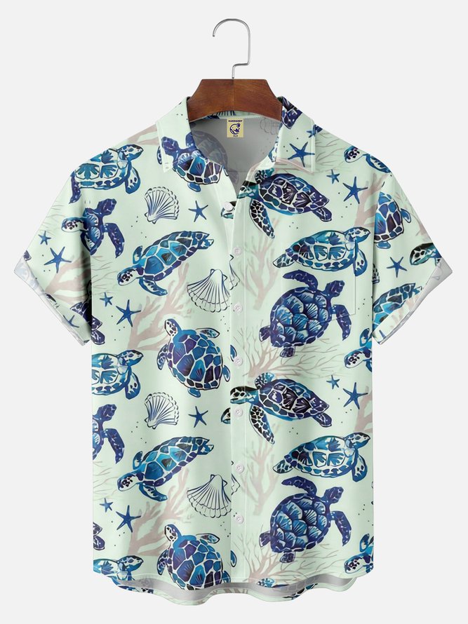 Big Size Moisture-wicking Marine Sea Turtle Chest Pocket Hawaiian Shirt