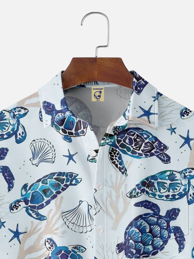 Big Size Moisture-wicking Marine Sea Turtle Chest Pocket Hawaiian Shirt
