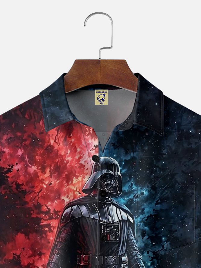 Big Size Moisture-wicking Star Technology Universe Planet Chest Pocket Casual Shirt