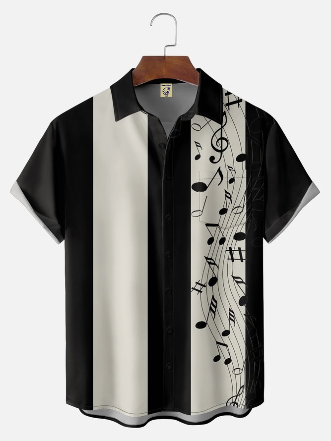 Big Size Moisture-wicking Music Note Chest Pocket Bowling Shirt