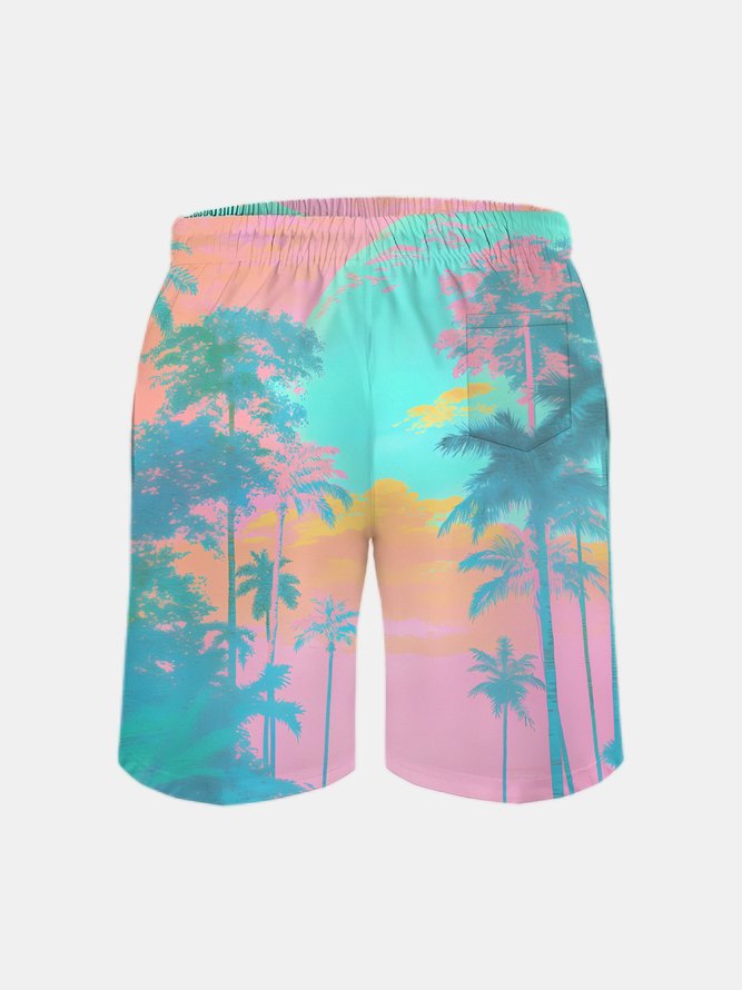 Men's Swim Trunks Hawaiian Tropical Palm Tree Beach Shorts with Pockets