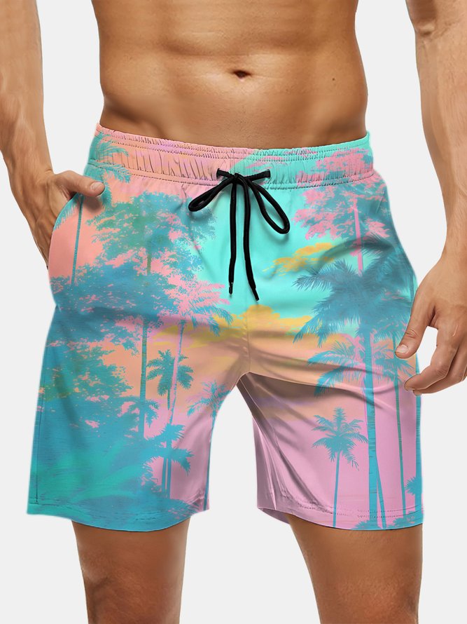 Men's Swim Trunks Hawaiian Tropical Palm Tree Beach Shorts with Pockets