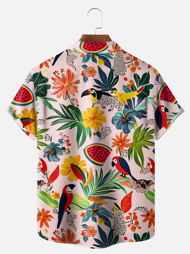 Big Size Moisture-wicking Tropical Palm Tree Parrots Chest Pocket Hawaiian Shirt