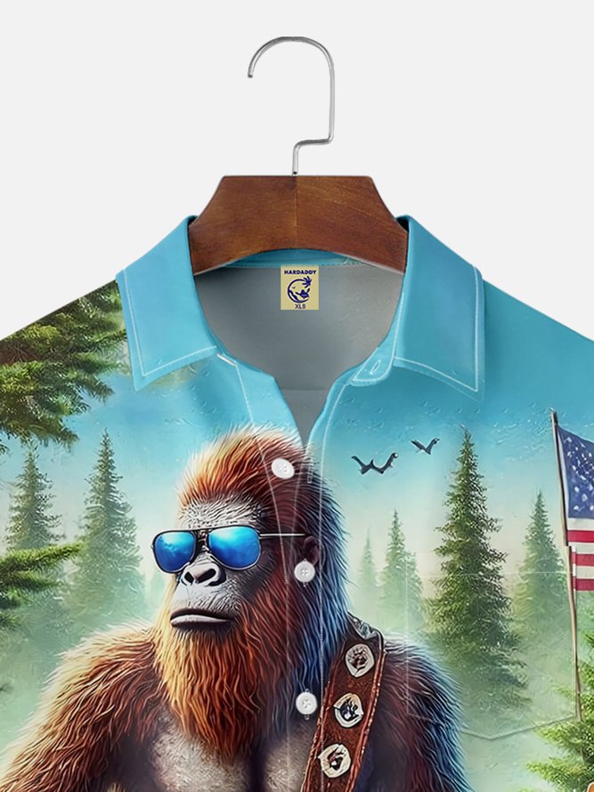 Big Size Moisture-wicking American Flag Bigfoot Guitar Rock Chest Pocket Hawaiian Shirt
