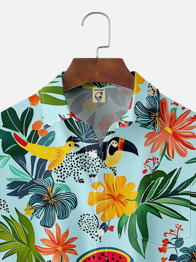 Big Size Moisture-wicking Tropical Palm Tree Parrots Chest Pocket Hawaiian Shirt