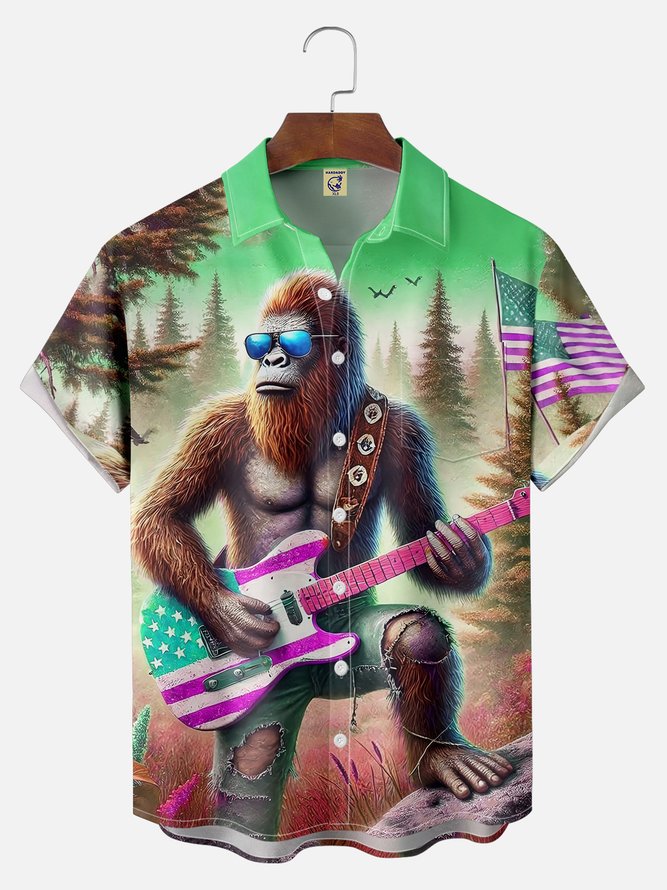 Big Size Moisture-wicking American Flag Bigfoot Guitar Rock Chest Pocket Hawaiian Shirt