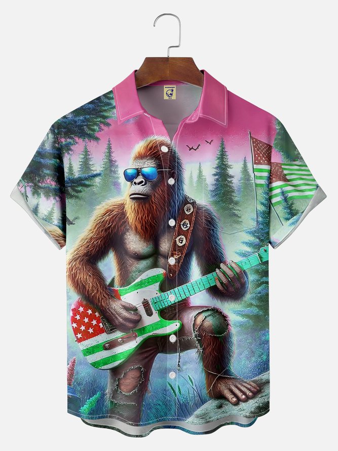 Big Size Moisture-wicking American Flag Bigfoot Guitar Rock Chest Pocket Hawaiian Shirt