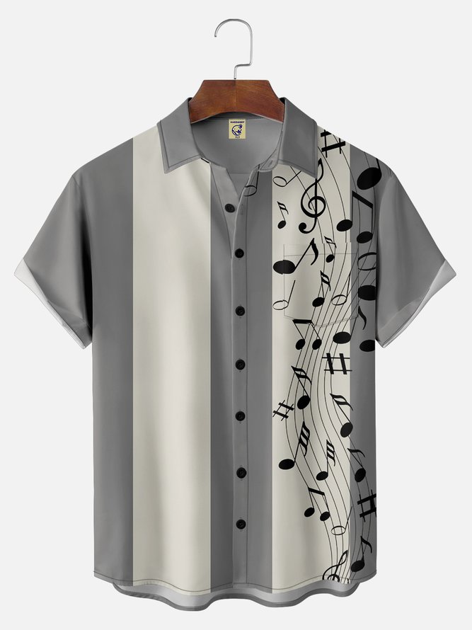 Big Size Moisture-wicking Music Note Chest Pocket Bowling Shirt
