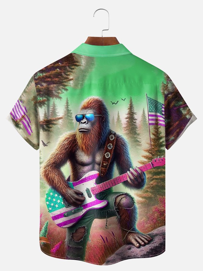 Big Size Moisture-wicking American Flag Bigfoot Guitar Rock Chest Pocket Hawaiian Shirt