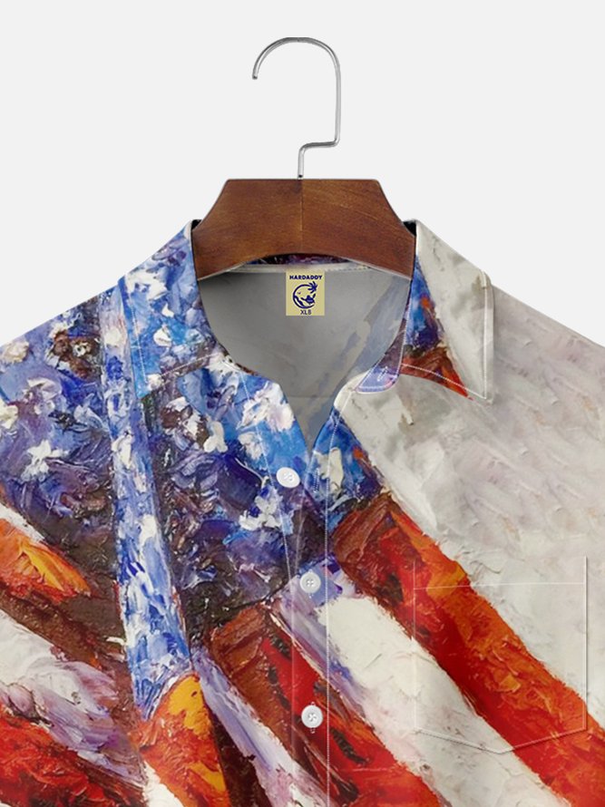 Big Size Moisture-wicking American Flag Painted Chest Pocket Hawaiian Shirt