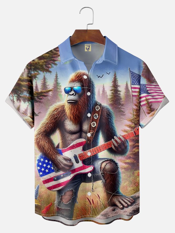Big Size Moisture-wicking American Flag Bigfoot Guitar Rock Chest Pocket Hawaiian Shirt