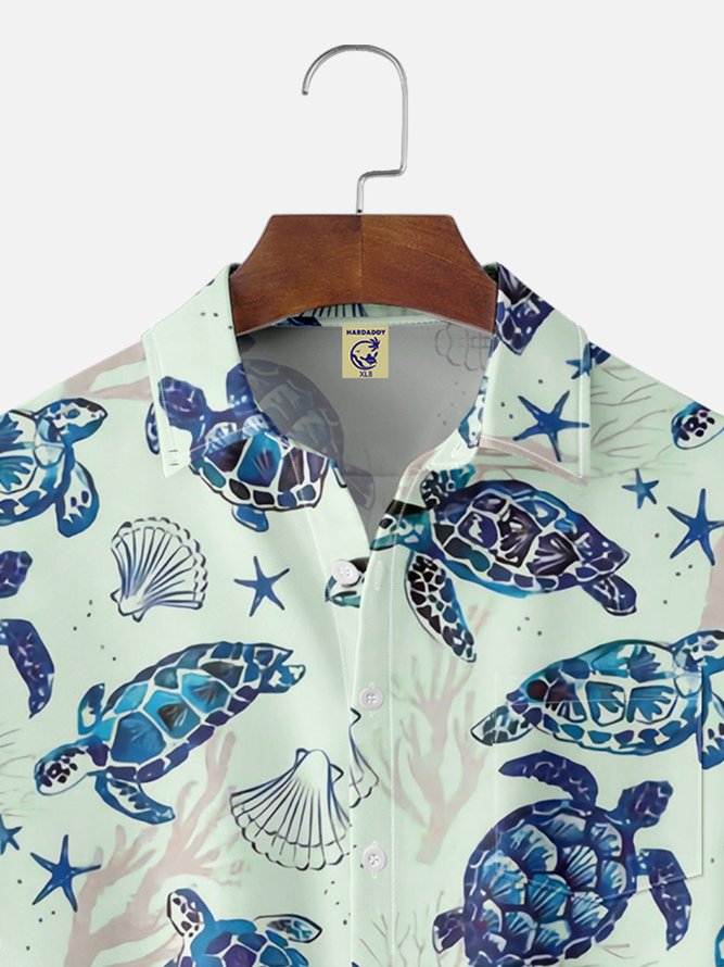 Big Size Moisture-wicking Marine Sea Turtle Chest Pocket Hawaiian Shirt
