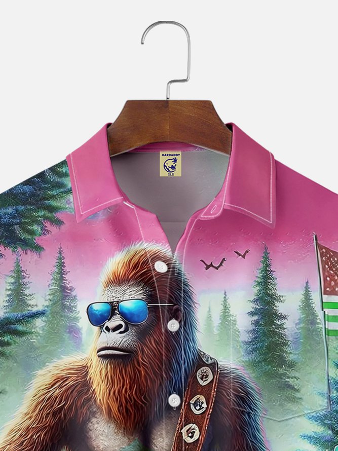 Big Size Moisture-wicking American Flag Bigfoot Guitar Rock Chest Pocket Hawaiian Shirt