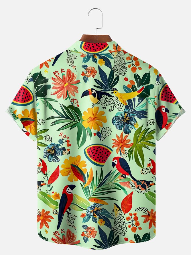 Big Size Moisture-wicking Tropical Palm Tree Parrots Chest Pocket Hawaiian Shirt