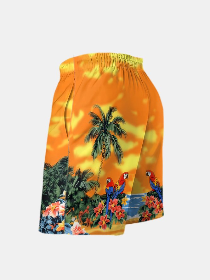 Men's Swim Trunks Hawaiian Tropical Palm Tree Parrots Beach Shorts with Pockets