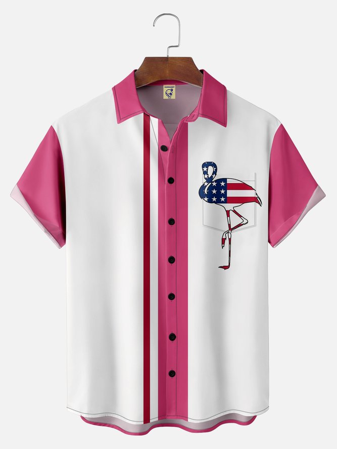 Big Size Moisture-wicking Flamingo Chest Pocket Bowling Shirt