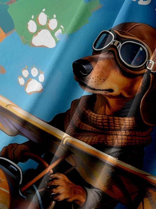 Big Size Moisture-wicking Dachshund Flying Plane Chest Pocket Hawaiian Shirt