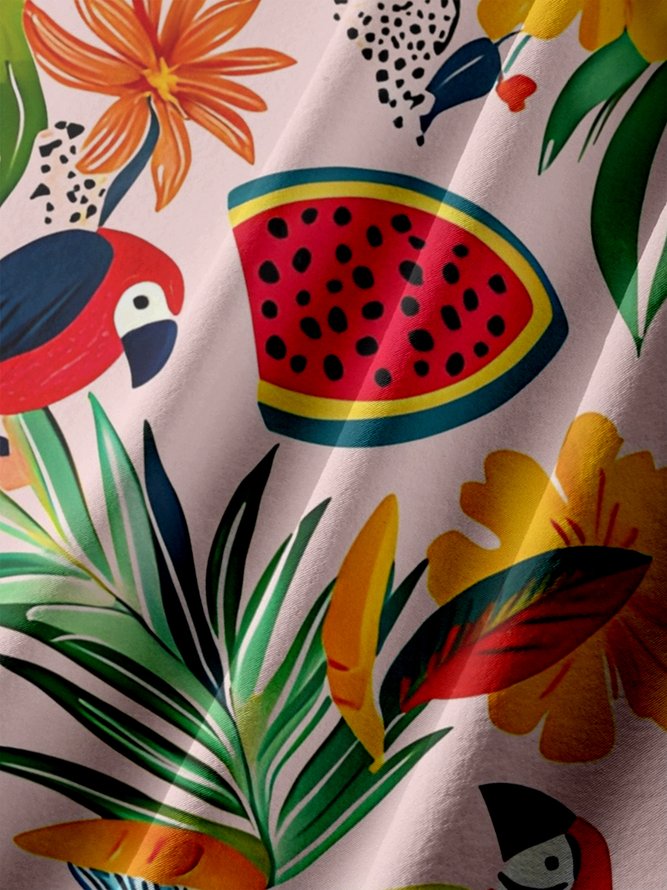 Big Size Moisture-wicking Tropical Palm Tree Parrots Chest Pocket Hawaiian Shirt