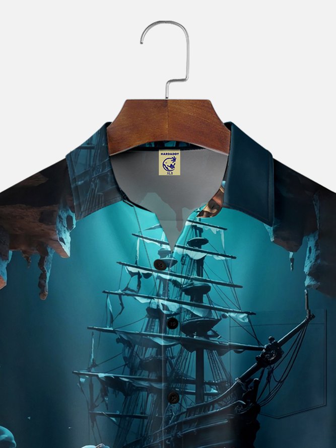 Big Size Moisture-wicking Pirate Music Guitar Chest Pocket Casual Shirt