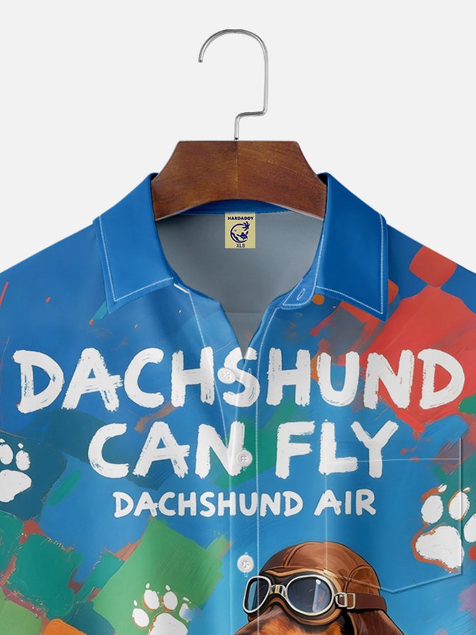 Big Size Moisture-wicking Dachshund Flying Plane Chest Pocket Hawaiian Shirt