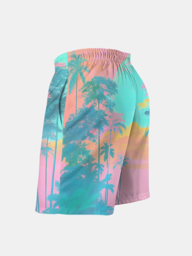 Men's Swim Trunks Hawaiian Tropical Palm Tree Beach Shorts with Pockets