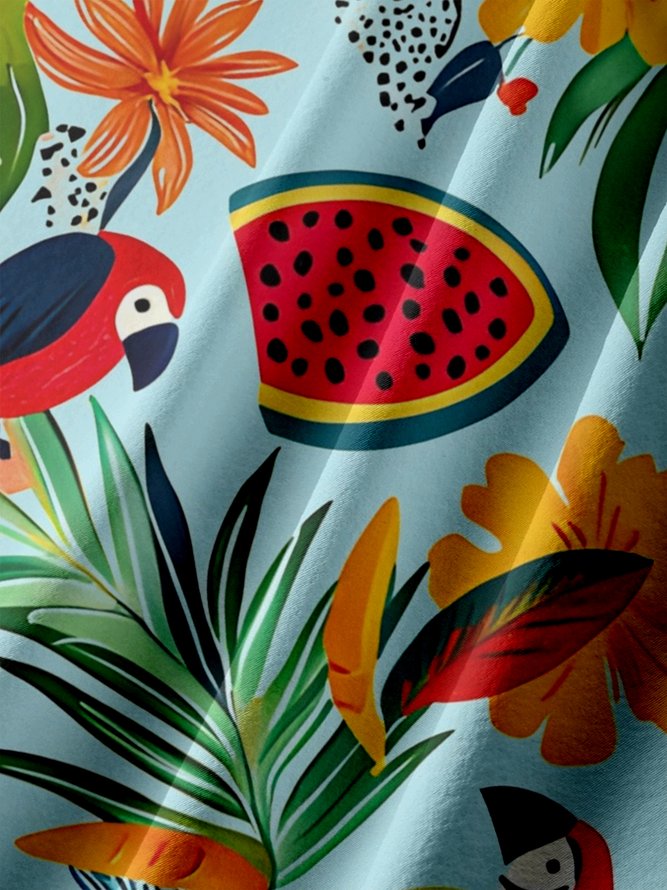Big Size Moisture-wicking Tropical Palm Tree Parrots Chest Pocket Hawaiian Shirt
