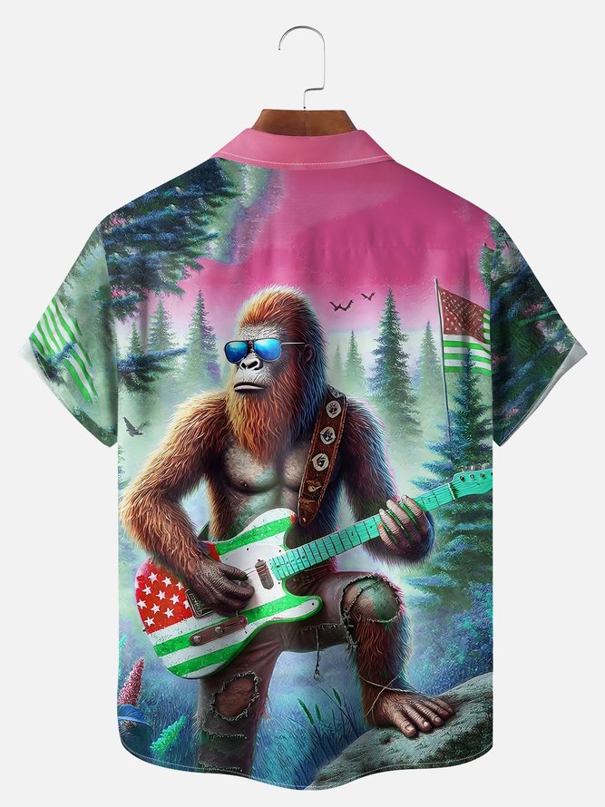 Big Size Moisture-wicking American Flag Bigfoot Guitar Rock Chest Pocket Hawaiian Shirt