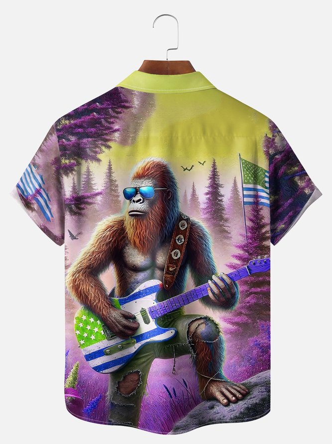 Big Size Moisture-wicking American Flag Bigfoot Guitar Rock Chest Pocket Hawaiian Shirt